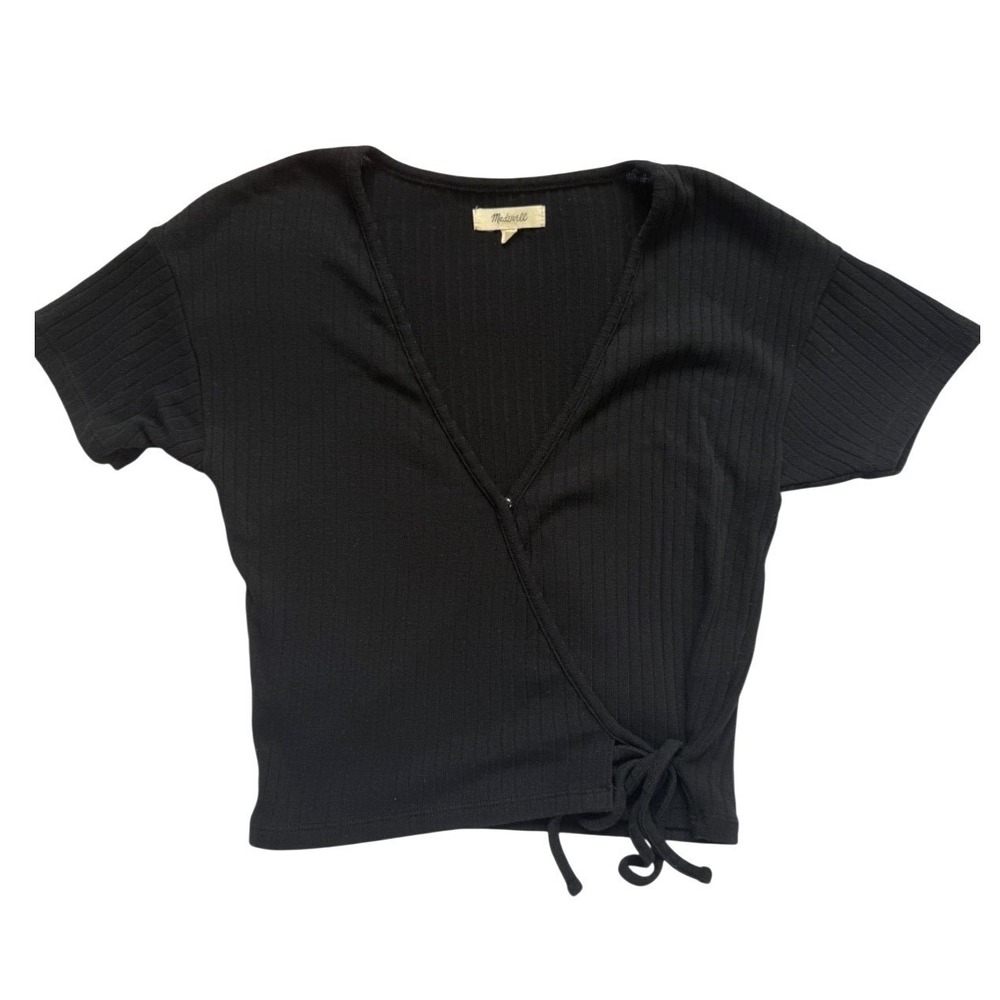 Madewell Ribbed Black Short Sleeve Wrap Tie Front Crop Top Blouse XS Y2K